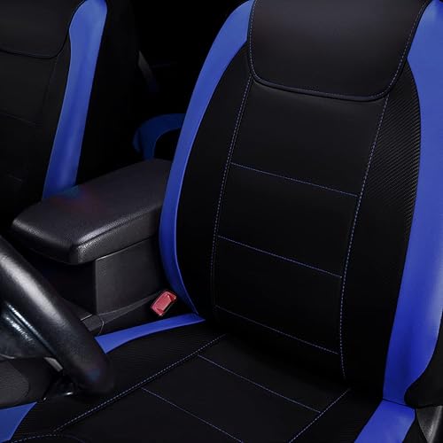 Miniatura 4 de Flying Banner - Fundas de asiento de automóvil para asiento delantero y trasero, piel sintética, a prueba de agua, fibra de carbono (azul negro,