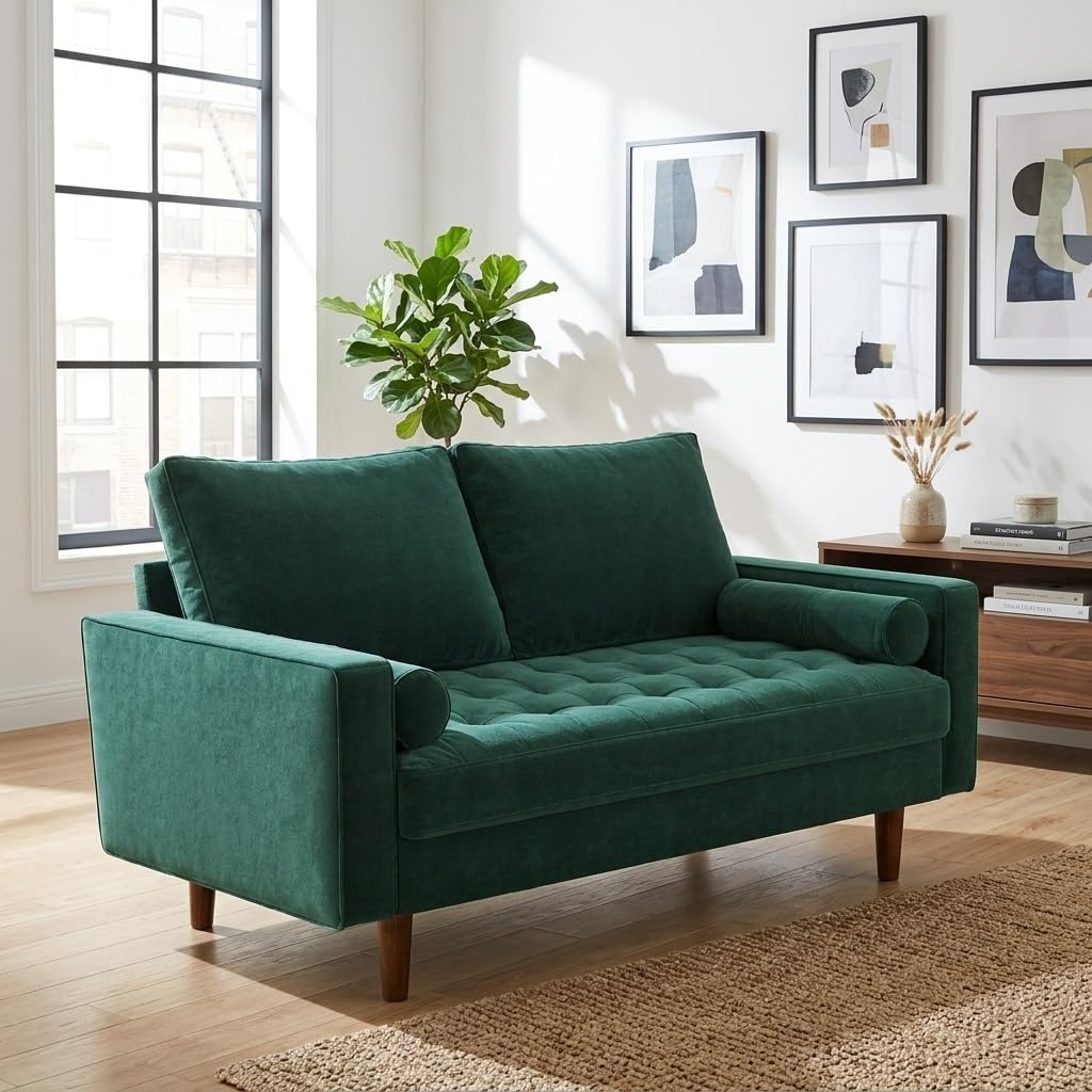 Container Furniture Direct Womble 58 Inch Velvet Loveseat Sofa with Elegant Button Tufted Upholstery, Square Arms, Splayed Wood Legs, Includes Matching Bolster Pillows, Green