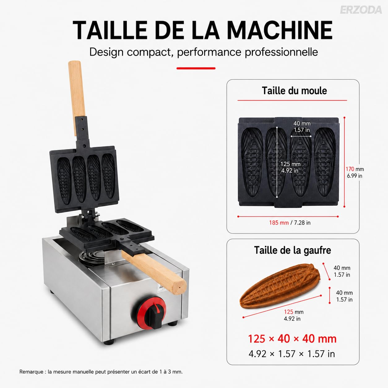 ERZODA Machine à Gaufres au Gaz GPL, Gaufrier Commercial Forme Épi de Maïs, 4 Moules, Acier Inoxydable, pour Snack Food Truck et Stand de Marché