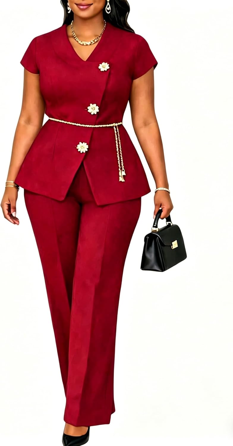 Seltaon Pants Suits for Women Dressy Semi Formal Business Short Sleeve Blazer Straight Pants Sets Women 2 Piece Outfits