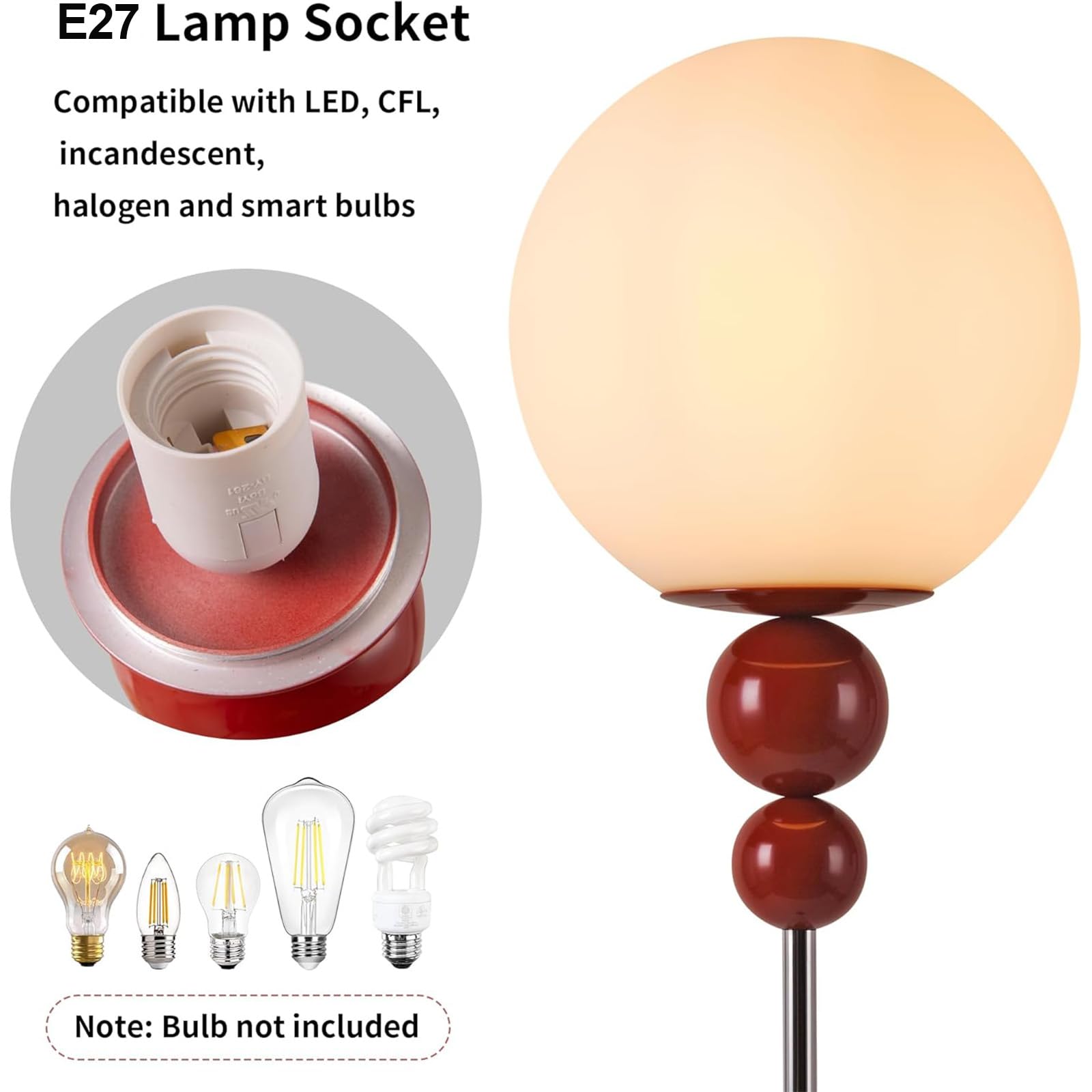Alpinaluz Lampa Stojąca Czerwona E27 Kula Opalowa D24 cm Chrom Mid Century