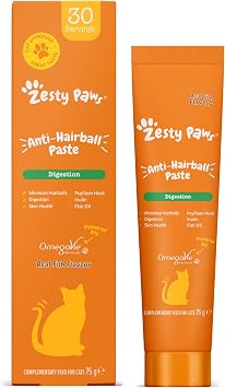 Zesty Paws Anti-Hairball Paste for Cats, Real Fish Flavour, 75g | Minimises Hairballs, Aids Digestion, Supports Skin & Coat Health | Fish Oil, OmegaVie, Psyllium Husk, Inulin, Malt Extract