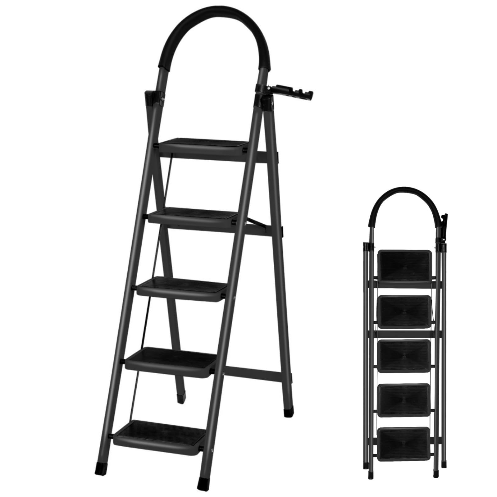 Escalera Plegable de Acero con 5 Peldaños, Escalera Doméstica Antideslizante con Barandilla para Cocina, Hogar y Oficina - Negro | Antideslizante, Con Barandilla, Para Cocina, Hogar y Oficina, Doméstica