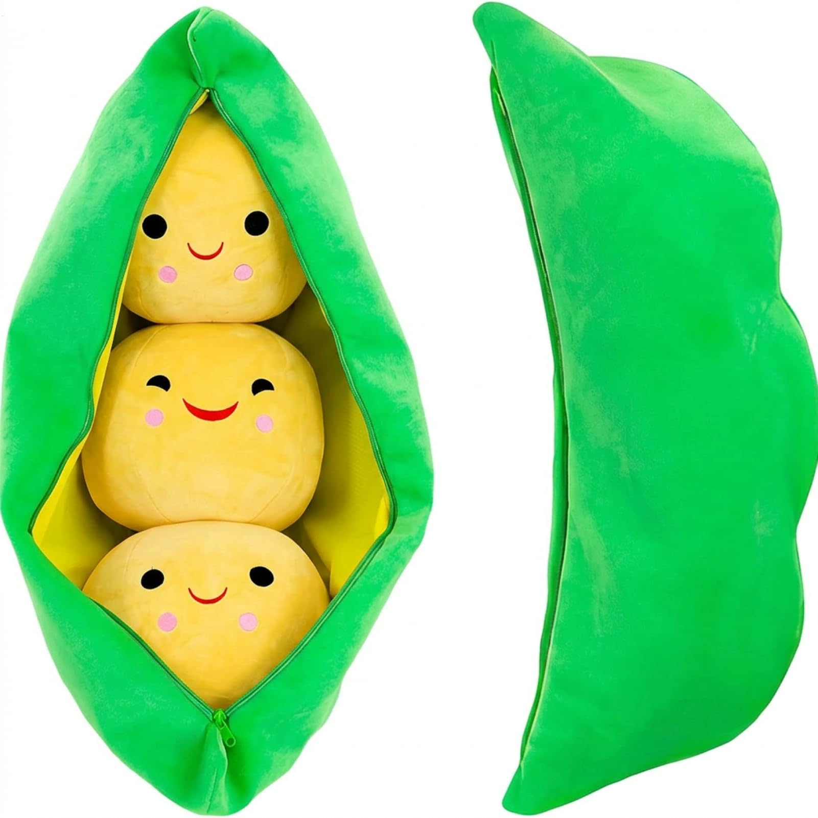 Pea Pod Plush Soft Cuddle Doll - Green Plant Doll With Zipper, Cartoon Peas Stuffed Toy With Expressive Faces, Medium Novelty Design Snuggle Pillow For Kids, Car Decoration Gift