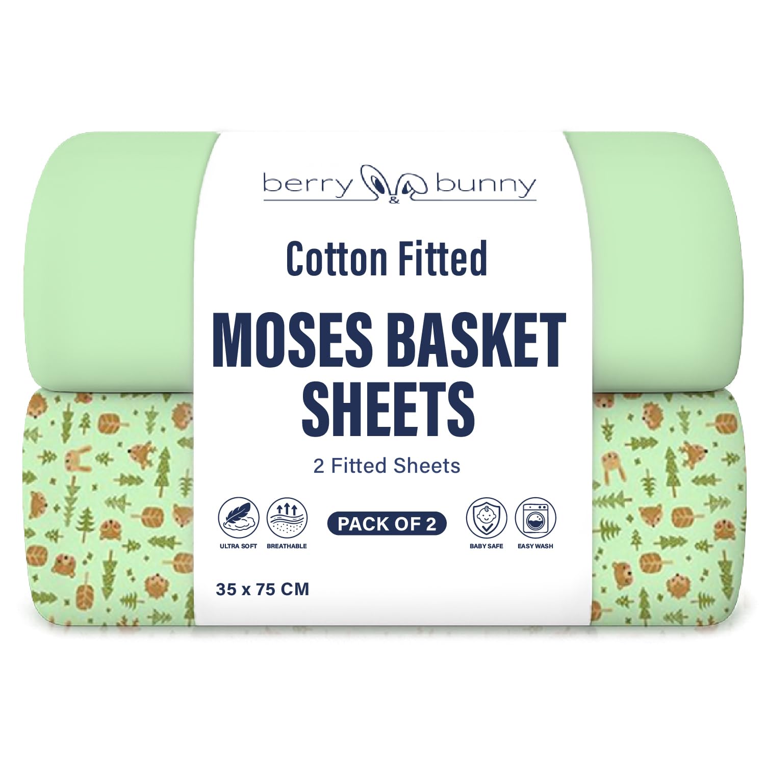 Berry and Bunny 100% Cotton Moses Basket Sheets Pack of 2, Soft Breathable Elasticated Baby Fitted Sheets, 35 x 75 cm, Deep Fit Mattress protector, Baby Bedding All Seasons — image 1