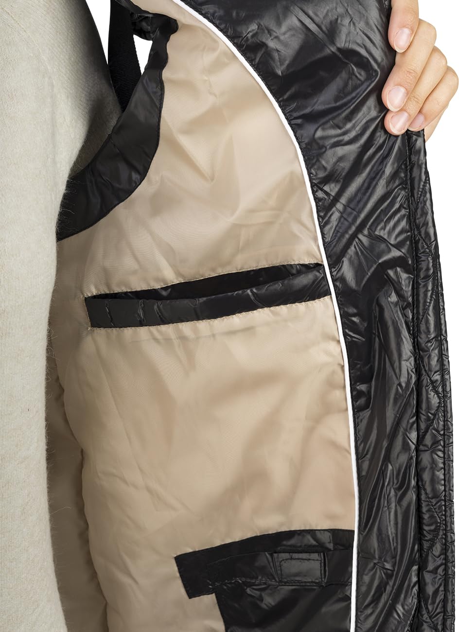DENIMFY DFCaro Gilet matelassé à capuche pour femme, long, sans manches, avec fermeture éclair, coupe droite, longueur genou, beige, noir, vert, tailles S, M, L, XL, XXL
