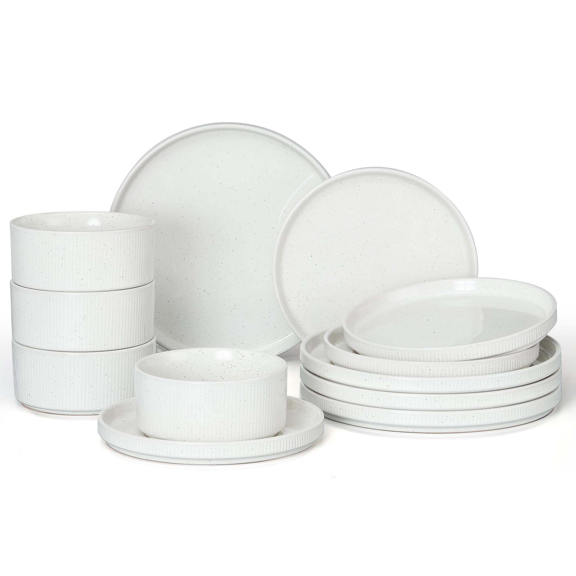 E-far 12-Piece Plates and Bowls Sets, Stoneware Dinnerware Dishes Sets for 4, Kitchen Modern Dining Dishware, Chip & Scratch Resistant, Microwave & Dishwasher Safe, Speckled White