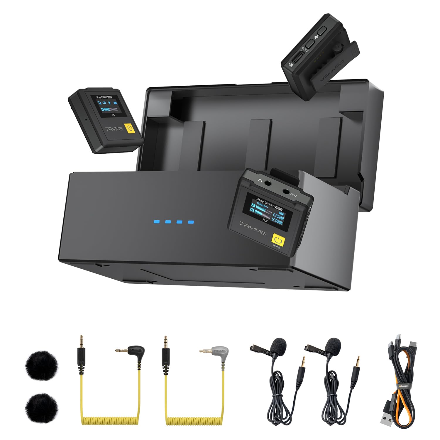 7RYMS Sistema de micrófono inalámbrico Lavalier – iRAY DW20 PRO 2.4G Micrófono de solapa inalámbrico dual con estuche de carga, mi