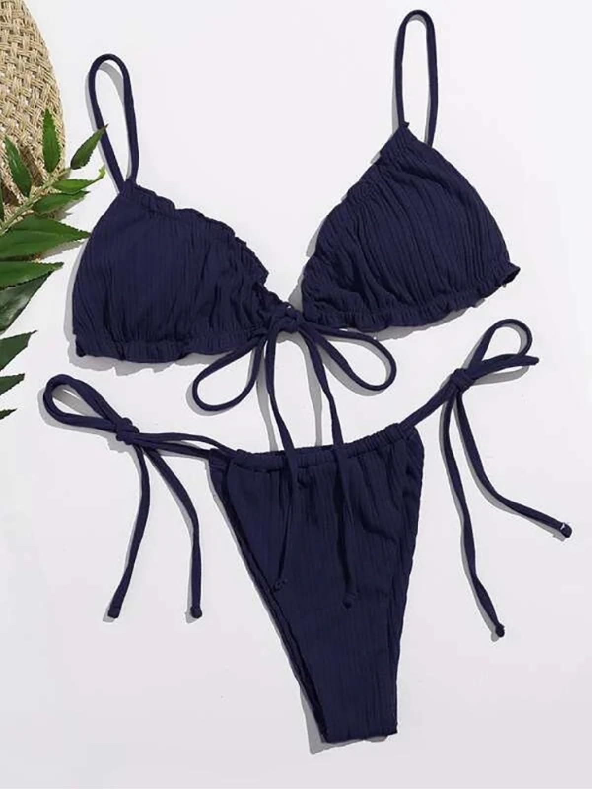 Bikini Donna Donne A Costole Verde Set Triangolo Costume da Bagno Cravatta Side Beachwear-Black-s