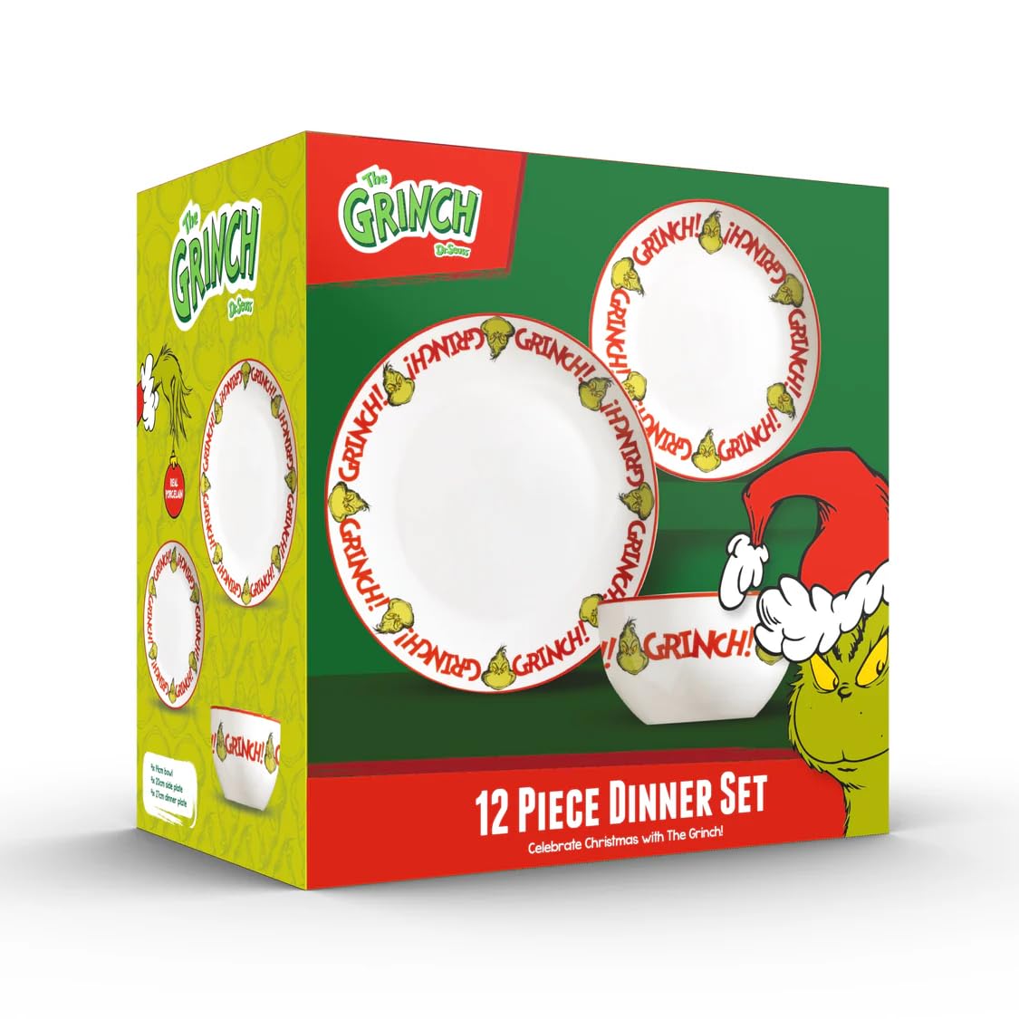 The Grinch Green The Grinch™ 12-Piece Porcelain Dinnerware Set, 27Cm Dinner Plates, 20Cm Side Plates, 14Cm Bowls, Christmas Collection, Microwave And Dishwasher Safe,