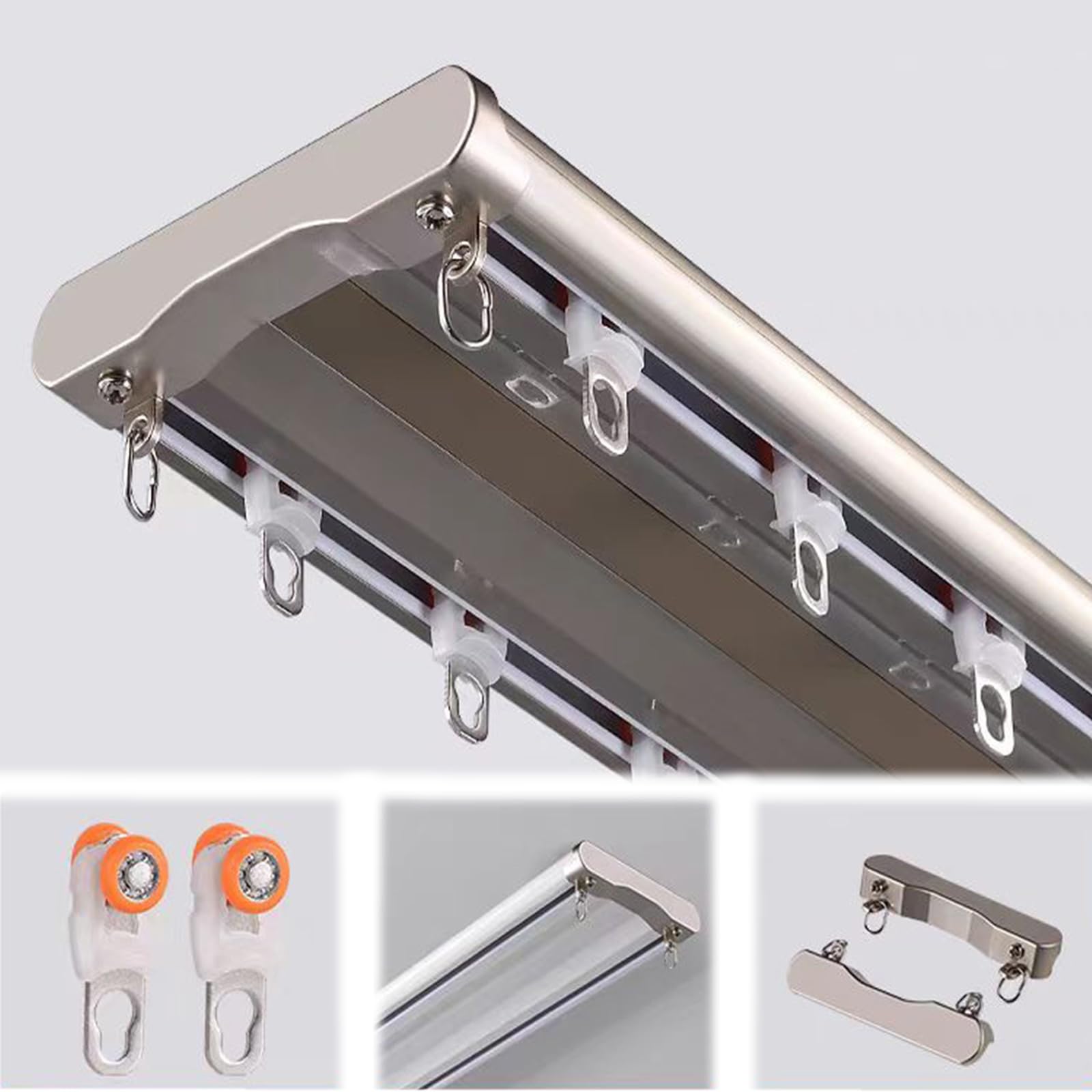 GJMSSMY Heavy Duty Double Curtain Track 5M/17FT Metal Ceiling Mount Curtain Rod for Bay Windows Silent Room Divider Adjustable Fittings Champagne Color