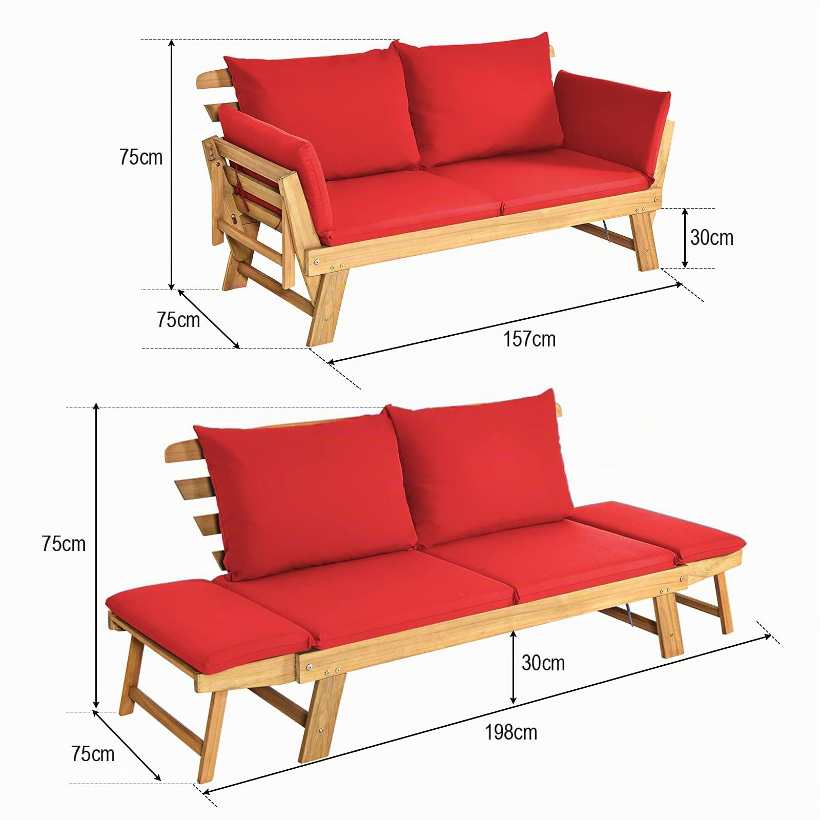 GIANTEX Sofá Cama Plegable de 2 Plazas con Cojines, Sofá Doble Convertible en Cama, Marco de Madera de Acacia, Banco para 2 Personas, para Balcón, Patio, Jardín (Rojo)