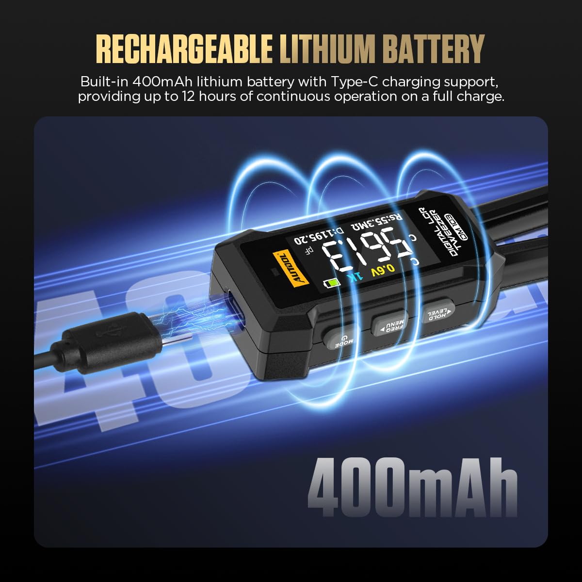 AUTOOL DM103 Digitale LCR-Pinzette, 6-in-1-SMD-Tester, wiederaufladbar, Widerstandsmessbereich 10 mΩ–10 MΩ, Kapazitätsmessbereich 1 pF–20 mF, Induktivitätsmessbereich 1 µH–60 H