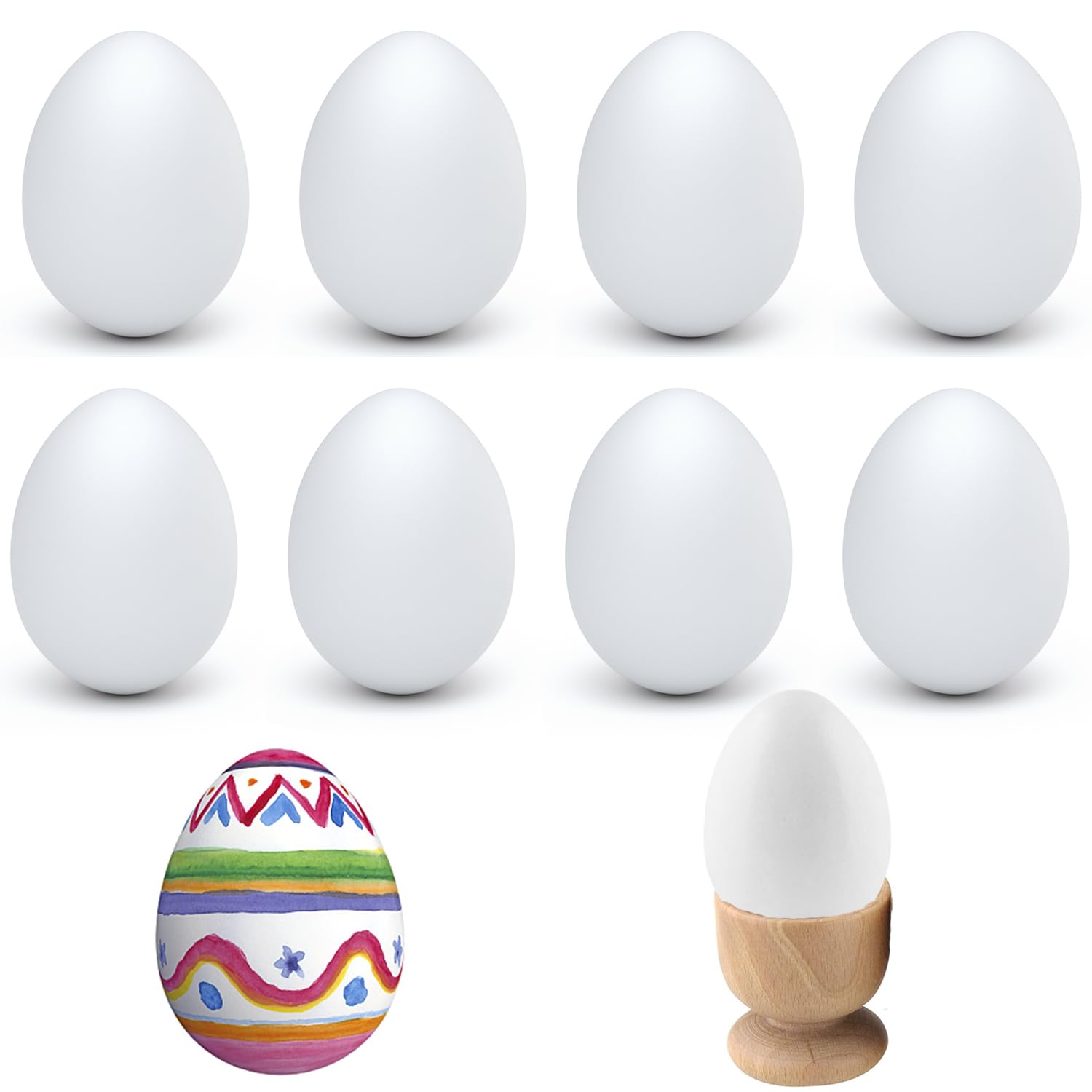 Ompinda Wooden Simulated Eggs, 10 Pcs DIY Art Easter Wooden Eggs Cooking Simulation Educational Toys with 1 pcs Wooden Egg Holders for Home/Garden Decors (White)