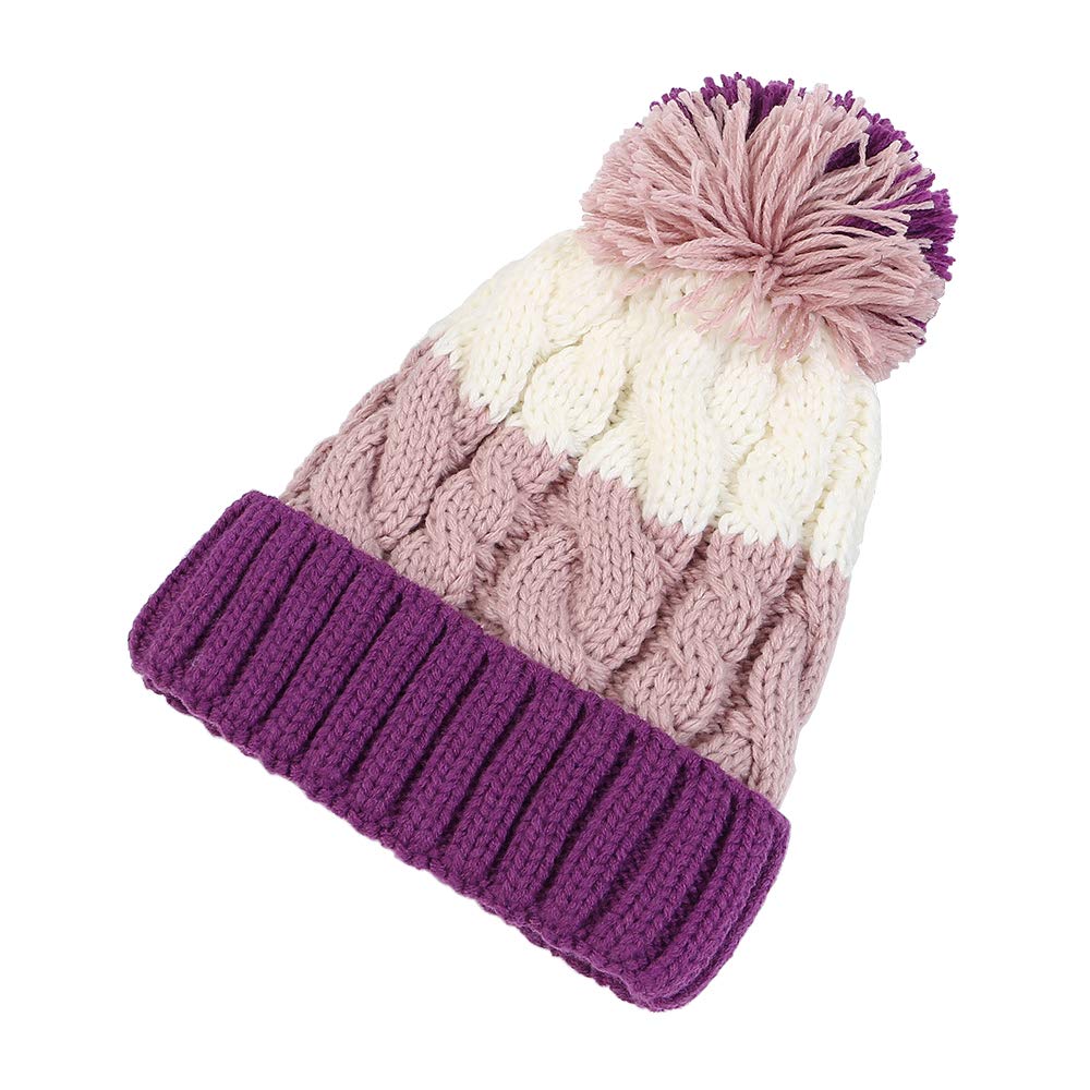 MansWill Womens Winter Pom Pom Beanie Hat, Warm Fleece Lined Thick Knit Skull Ski Cap Purple