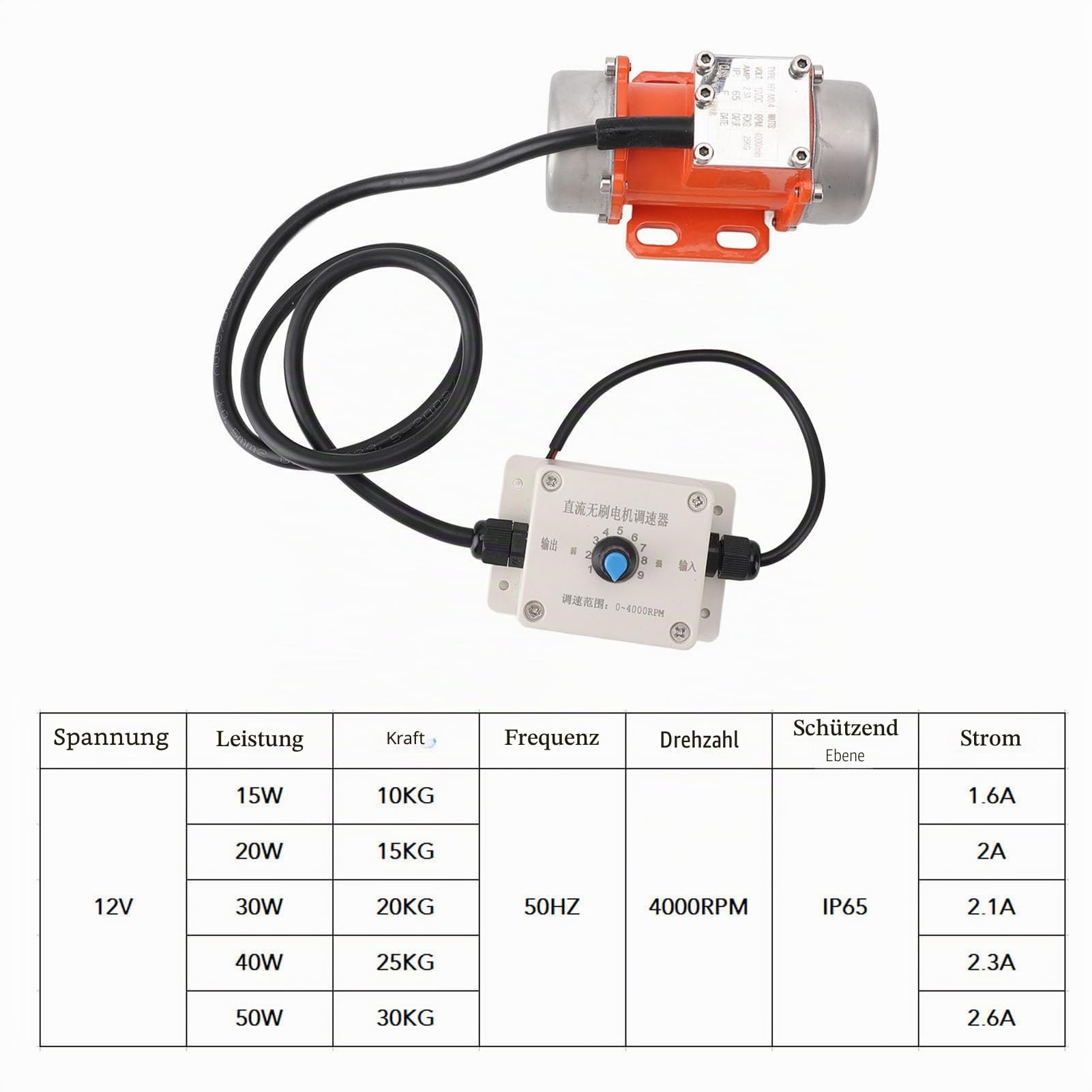 Vibrationsmotor 12V 50W Rüttelmotor Bürstenloser Gleichstrommotor 4000 U/min Einstellbare Geschwindigkeit IP65 für Betonrüttler Rütteltisch