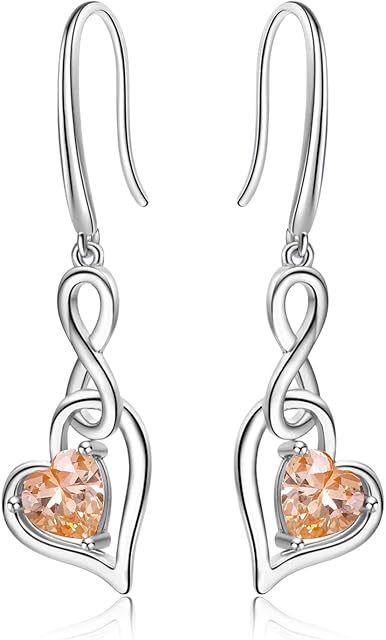 Birthstone Dangle Earrings for Women - Qings 925 Sterling Silver Infinity Heart Zirconia Drop Hypoallergenic Sparkly Gemstone Earrings Christmas Birthday Mother's Day Jewelry Gifts for Girls Mother