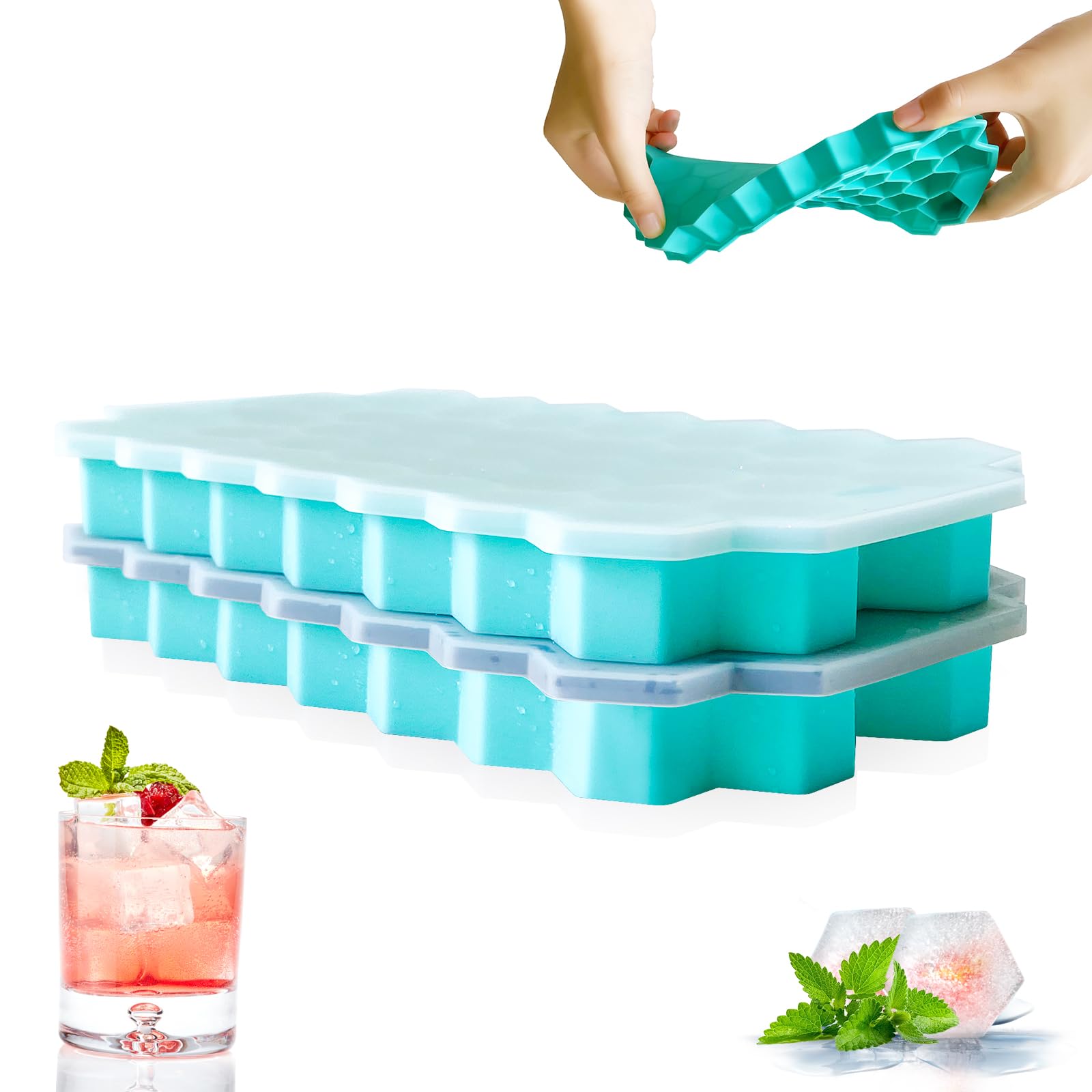 HomtibrmSilicone Ice Cube Trays, 2 Pack 74-Cubes Ice Cube Moulds with No-Spill Removable Lids Easy Release Ice Trays BPA Free for Whiskey Cocktail Baby Food, Tiffany Blue
