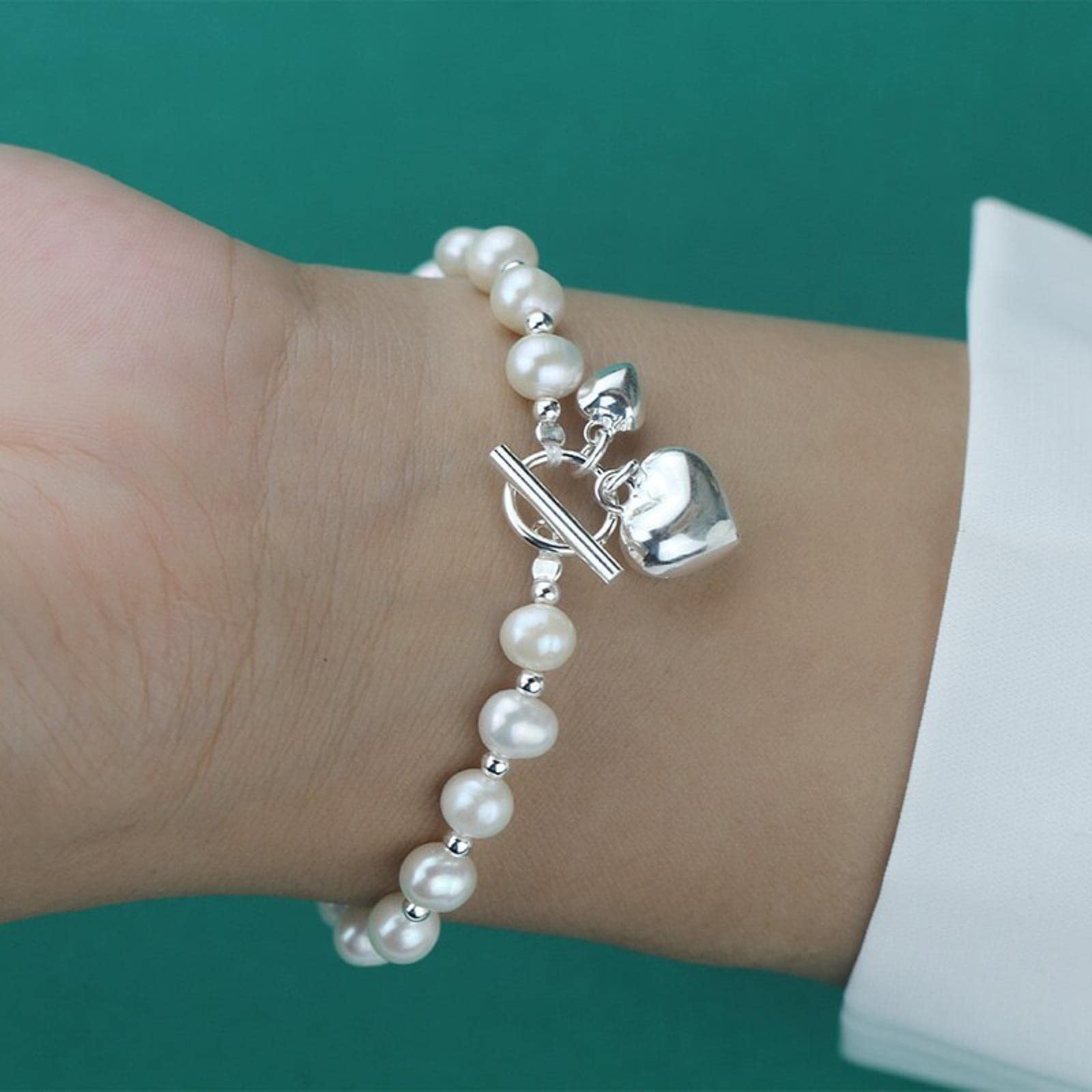 Bracciale in Argento Sterling 925 Fine con Perle d'Acqua Dolce A Forma di Cuore da 19 Cm per Gioielli da Donna per San Valentino
