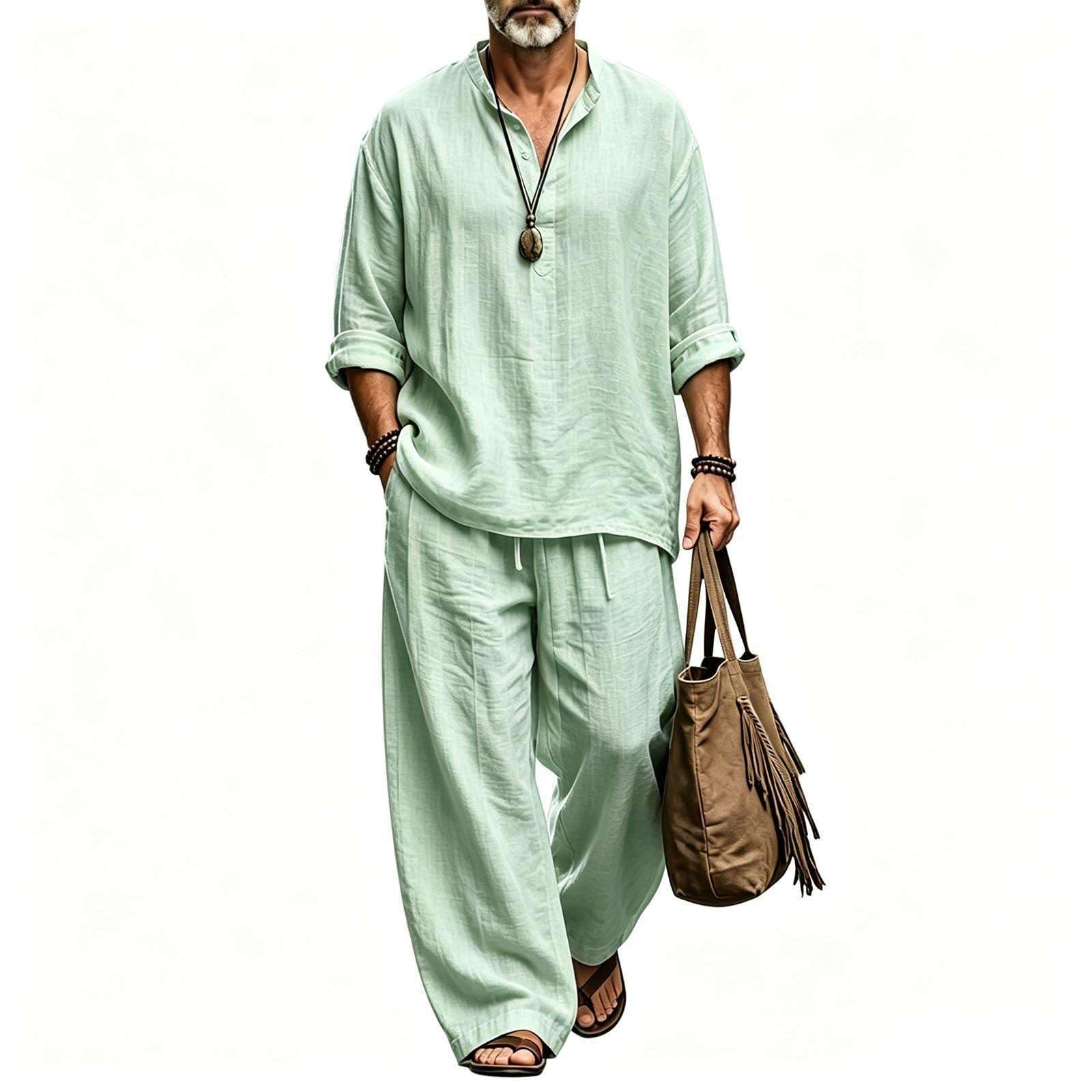 Abbigliamento Estivo Uomo Misto Lino 2 Pezzi Henley Traspirante Leggero | Pantaloni con Coulisse e Gamba Larga, Vestibilità Morbida e Fresca, Outfit Semplice ed Elegante da Giorno, Tessuto di Qualità