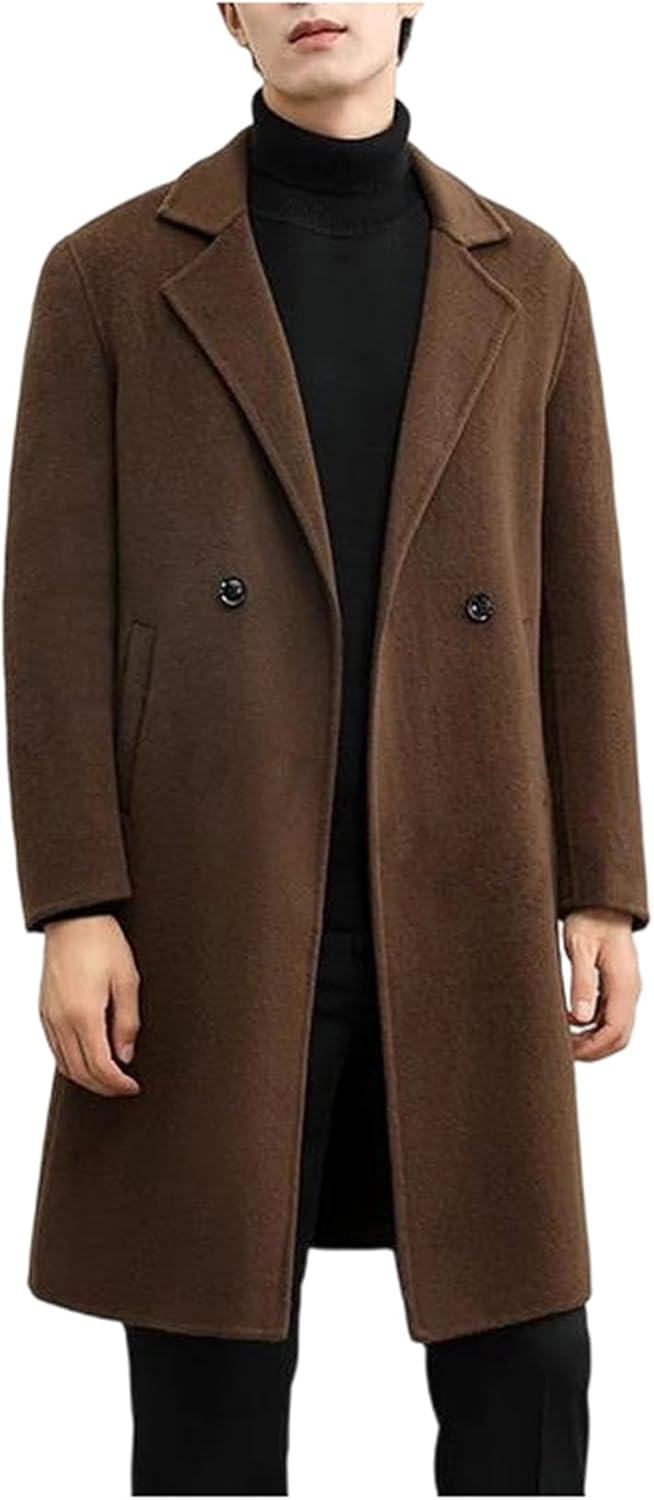 Winter Wool Coat Men Korean Style Long Double Breasted Wool Overcoat Casual Fashion Jacket