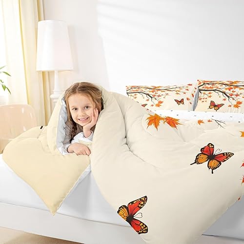 Miniatura 6 de Erosebridal Juego de edredón de tamaño King para niñas, ropa de cama de mariposa, ropa de cama botánica de hoja de arce y juegos de edredón con