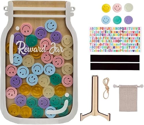 Reward Jar Kit with 42 Smiley Face Tokens, Wooden Mason Jar Display Frame, DIY Letter Stickers, Kids Behavior Chart