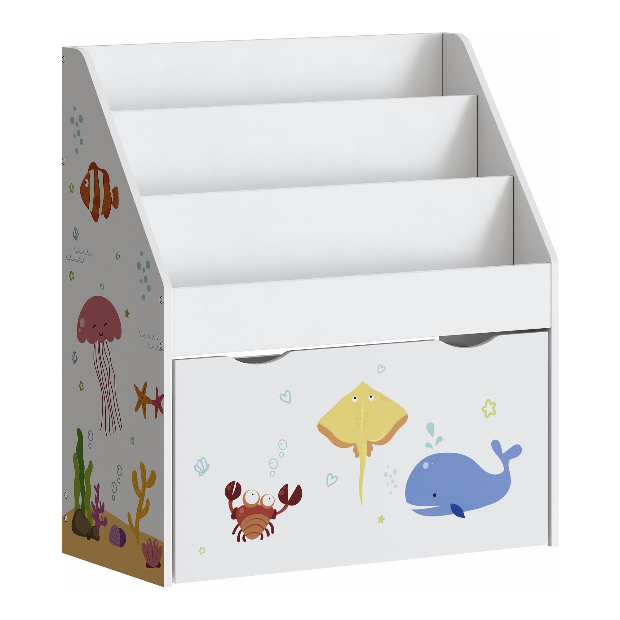 [en.casa] Étagère pour Enfants avec 3 Compartiments de Rangement Ouverts et 1 Tiroir sur roulettes Meuble de Stockage Coins Arrondis Panneau de Particules 70 x 63 x 30 cm Blanc Motif Aqua Dream