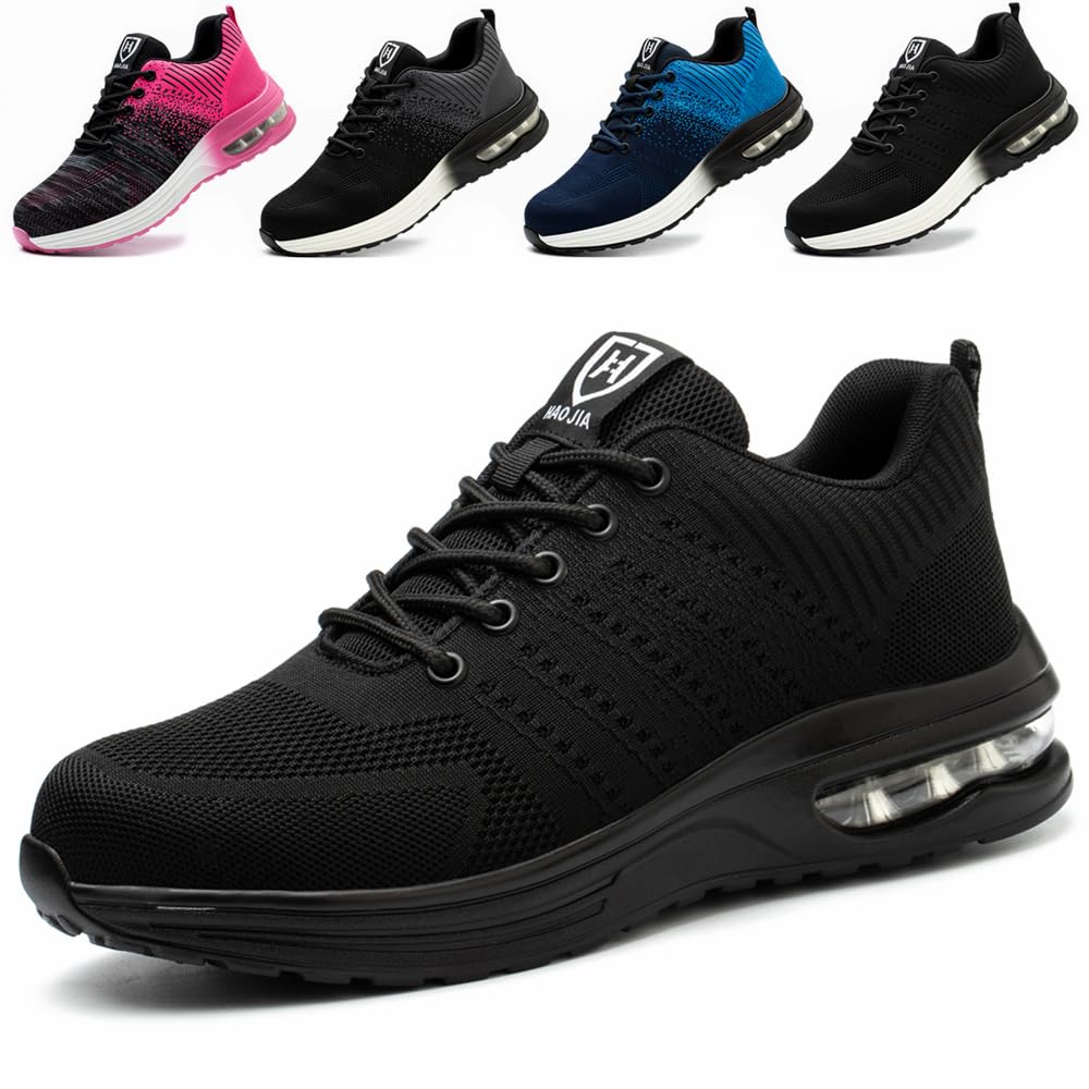 Męskie buty robocze, lekkie, damskie, oddychające, stalowe noski, sportowe buty ochronne, czarny, 43 EU