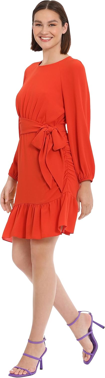 Donna Morgan Womens Long Sleeve Asymmetrical Hem Flounce Dress with Waist Tie Event Party Occasion Guest of - Image 2