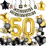 🎈[Paquete económico] - 50 años El juego de decoración de fiesta de oro negro incluye :1 bandera de "Happy Birthday" + globo de número dorado "50" (no puede flotar con helio) + 30 globos de látex (6 tipos, 5 cada uno) + 4 estrellas y corazón Globos de papel de aluminio (2 dorados y 2 negros) + 12 espirales colgantes.