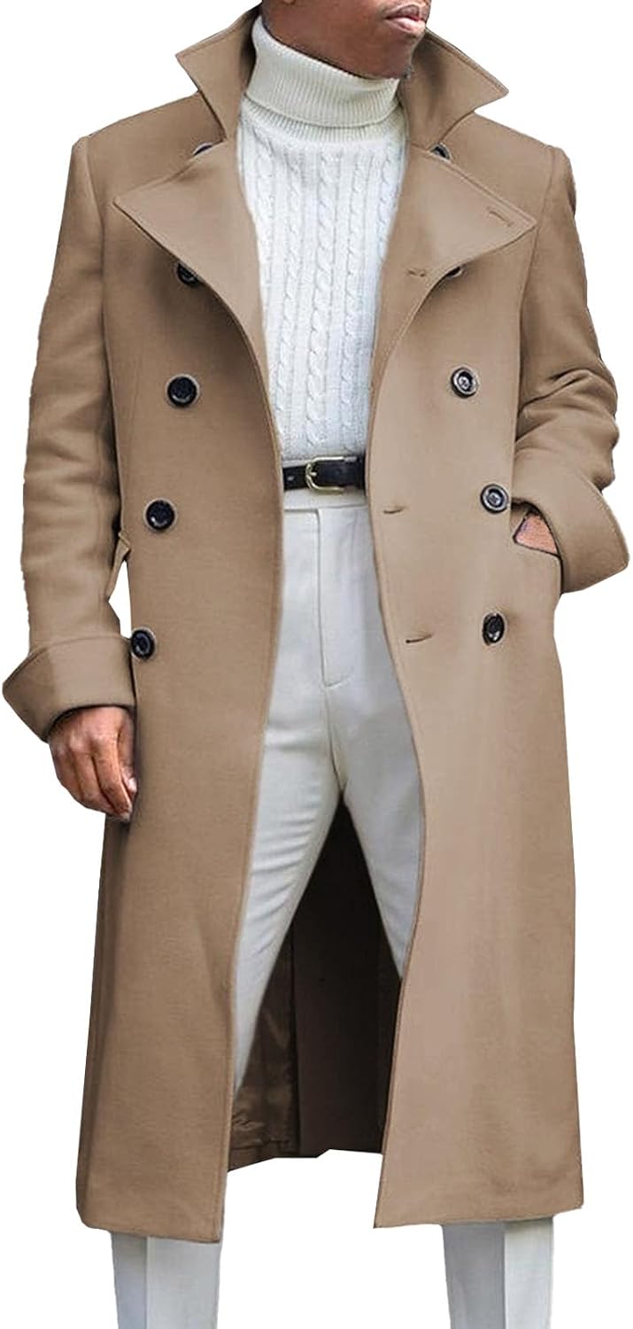 Maiyifu-GJ Men's Wool Blend Long Trench Coat Notched Lapel Double Breasted Winter Warm Overcoat Business Casual Pea Coats