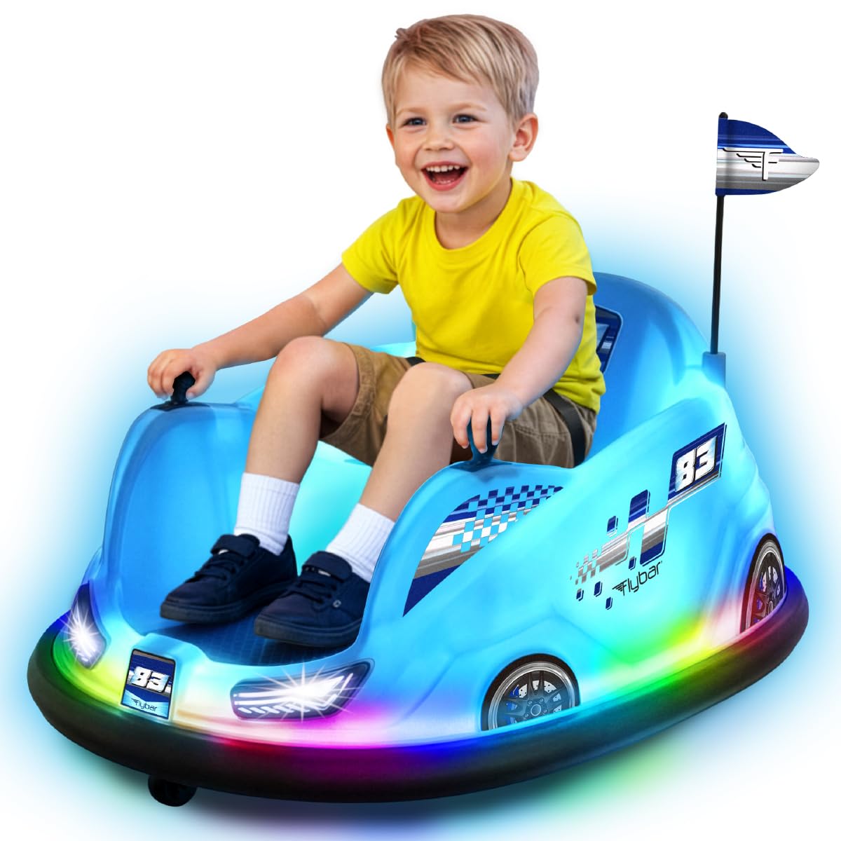 Photo 1 of [DAMAGED & USED] Flybar 12V Glow Bumper Car Ride On Toy - Indoor/Outdoor Toys, Toddler Toys, Bumper Cars, Kids Electric Car, w/ 360° Spins, Multi-Color LED Lights, Max Weight of 100lbs, Age 4-9yrs, Blue