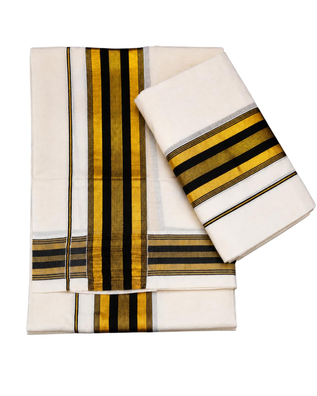 Kerala Cotton Setmundu with Kara and Kasavu, White, Black and Gold Striped Border-image-37