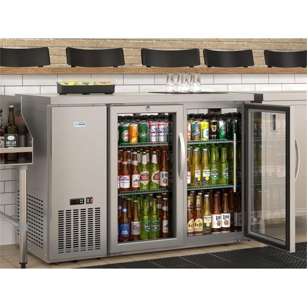 Pemberly Row 47-Inch Back Bar Cooler Refrigerator, 11 Cu. Ft., Stainless Steel, Two Glass Swing Doors, Adjustable Shelves, Digital Temperature Control, Freestanding Commercial Beverage Storage For on Fridge.com - View 3