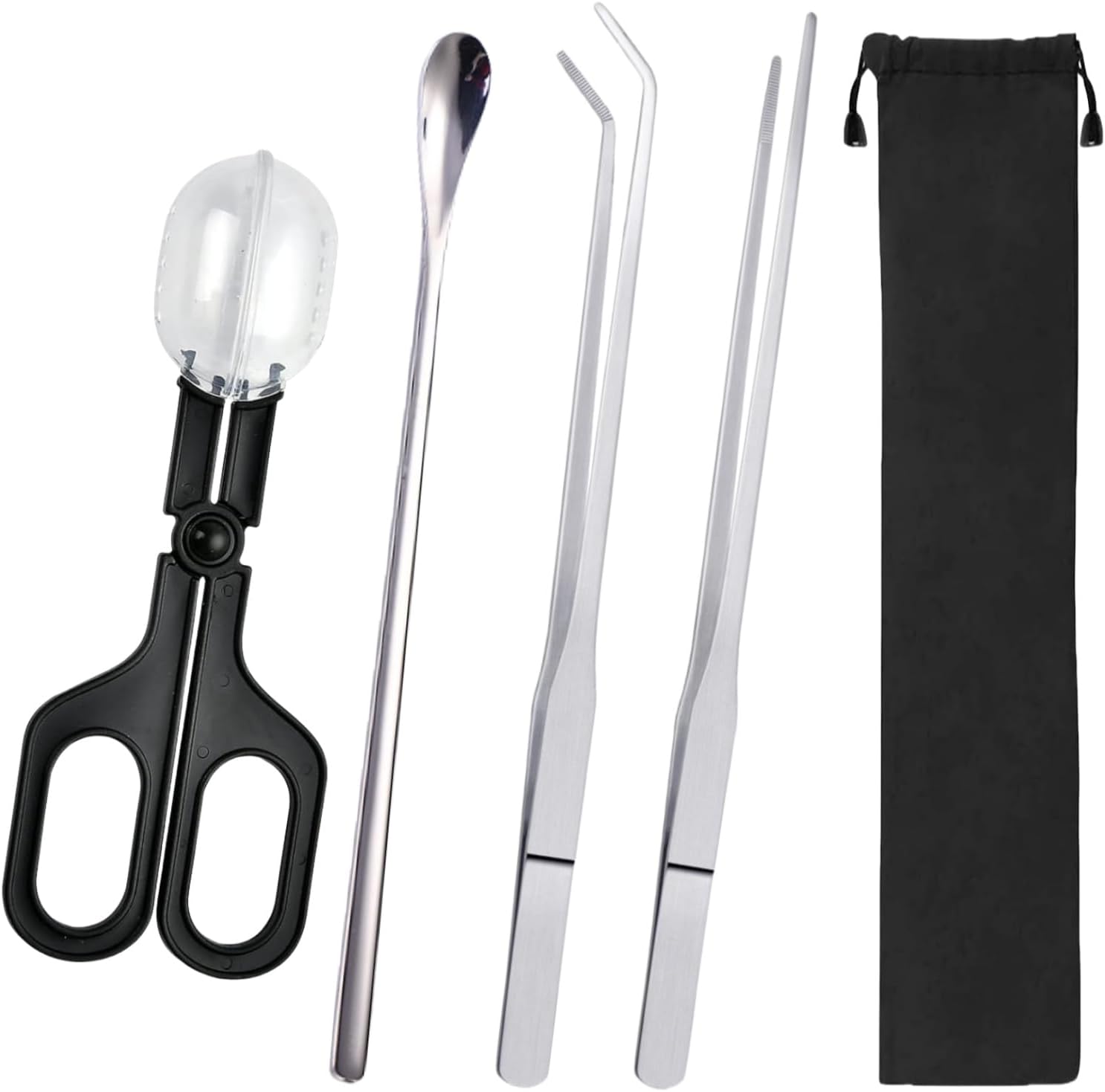 Stainless Steel Reptile Feeding Kit – Tweezers, Spoon, Clamp & Storage Bag – Long Handle Terrarium Feeding Tool for Lizards, Geckos, Spiders & Snakes