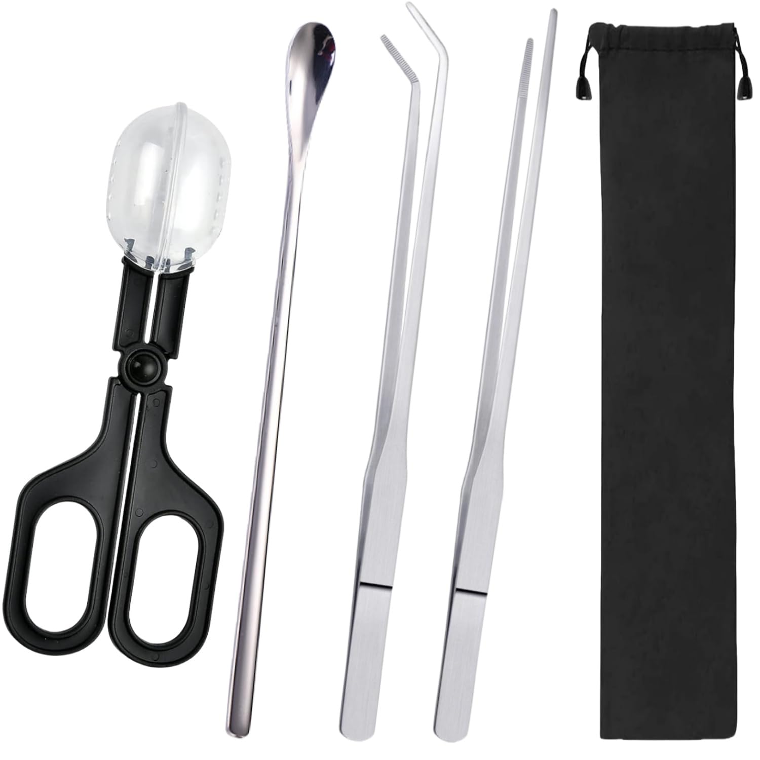 Stainless Steel Reptile Feeding Kit - Tweezers, Spoon, Clamp & Storage Bag - Long Handle Terrarium Feeding Tool for Lizards, Geckos, Spiders & Snakes
