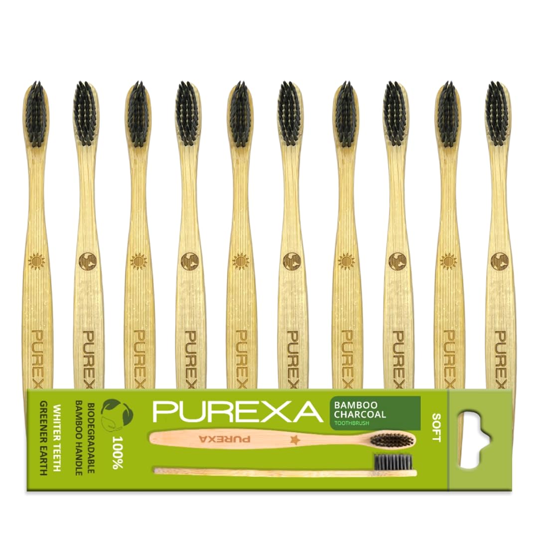 Bamboo Toothbrush with Activated Charcoal BPA-Free Soft Bristles (Pack of 10), 100% Natural, Eco-Friendly and Biodegradable Handle
