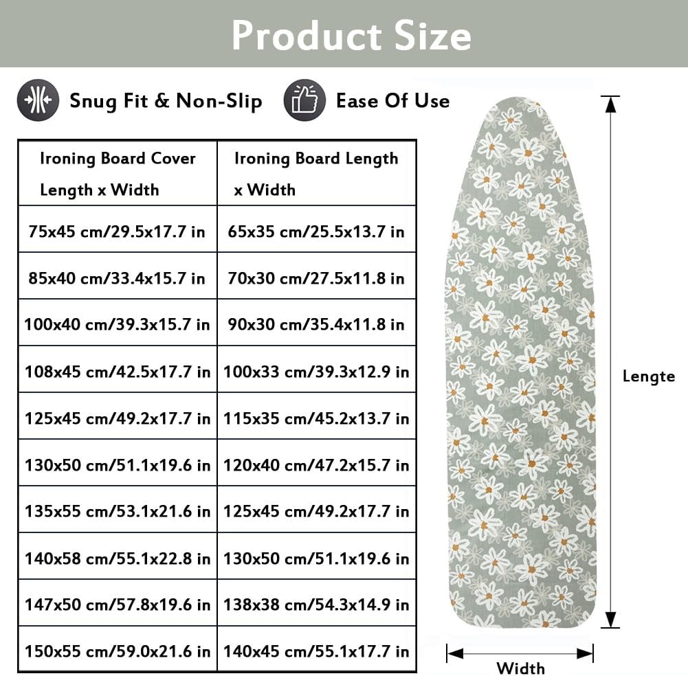 Elastic Cotton Ironing Board Cover, Fresh Daisy Pattern, Drawstring Tightening, for Quick and Wrinkle-Free Ironing(57.8 x 19.6 in/147 x 50 cm)