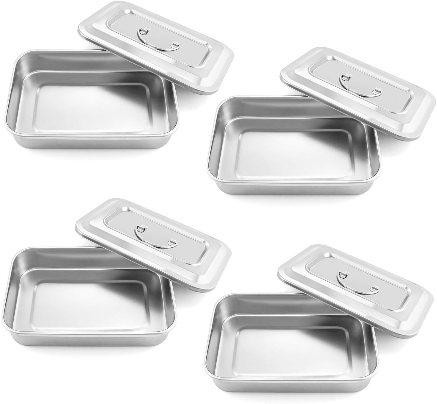QWORK Stainless Steel Instrument Tray Organizer, 4 Pack Utility Tray Organizer Holder with Lid & Handle Grip, 9.5" x 6.3" x 2"