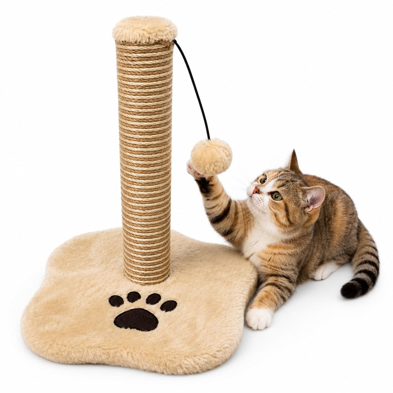 Cat Scratching Post with Hanging Toy, 38cm Sturdy Sisal Scratch Pole for Indoor Cats, Anti-Slip Paw Base, Furniture Protection Kitten Scratcher Tower (38cm tall)