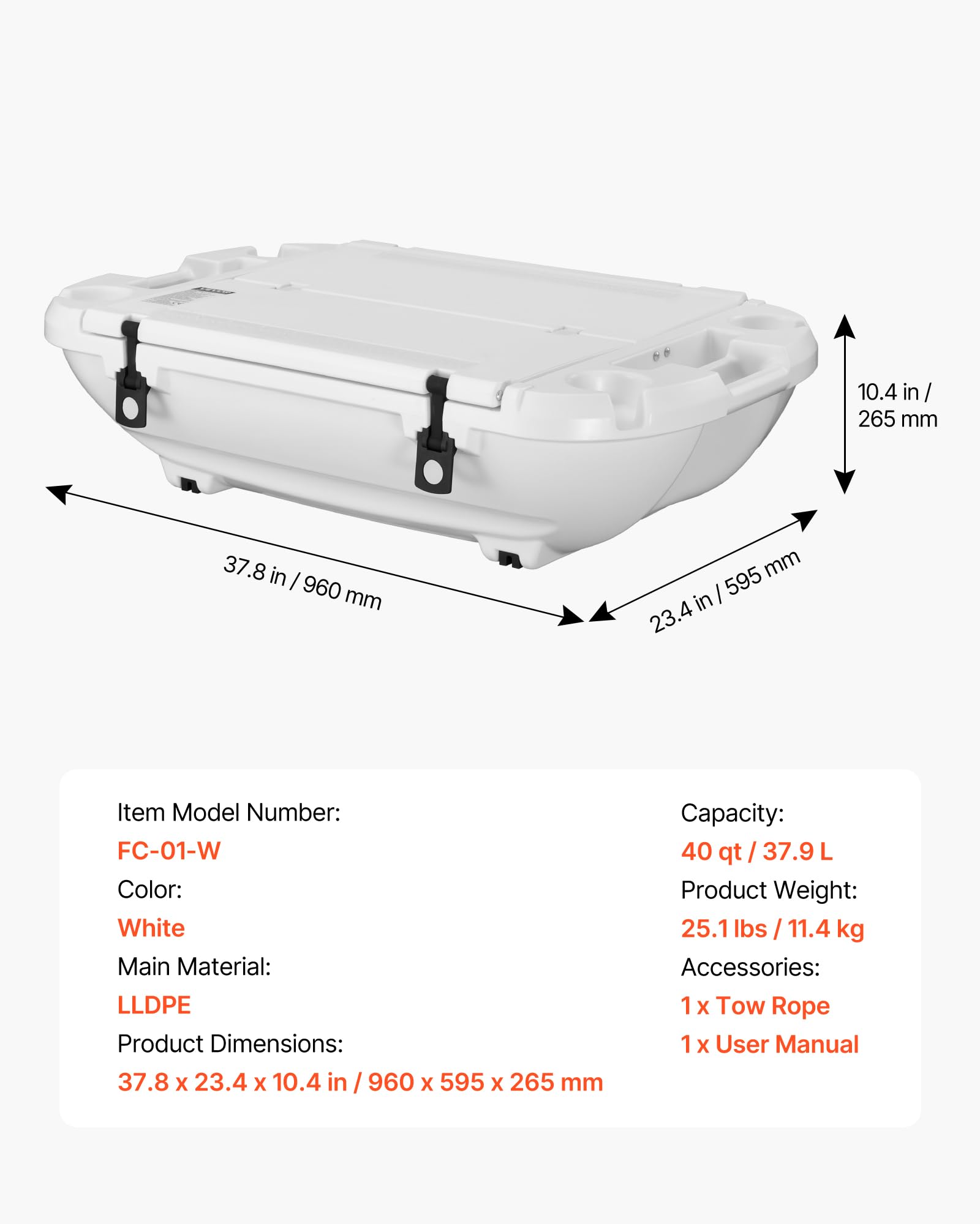 VEVOR Nevera Flotante 37,9 L Enfriador Flotante para Agua y Tierra con Carcasa Rígida Aislada, Portavasos, Asas Laterales, Cuerda de Remolque para Playa Piscina Lago Barco Bebida Hielo, Color Blanco