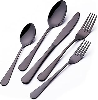 20-częściowy zestaw sztućców wielokrotnego użytku, suotarn serwowanie do restauracji dla 4, stal nierdzewna domowe płaskie, polerowane na wysoki połysk, czarny