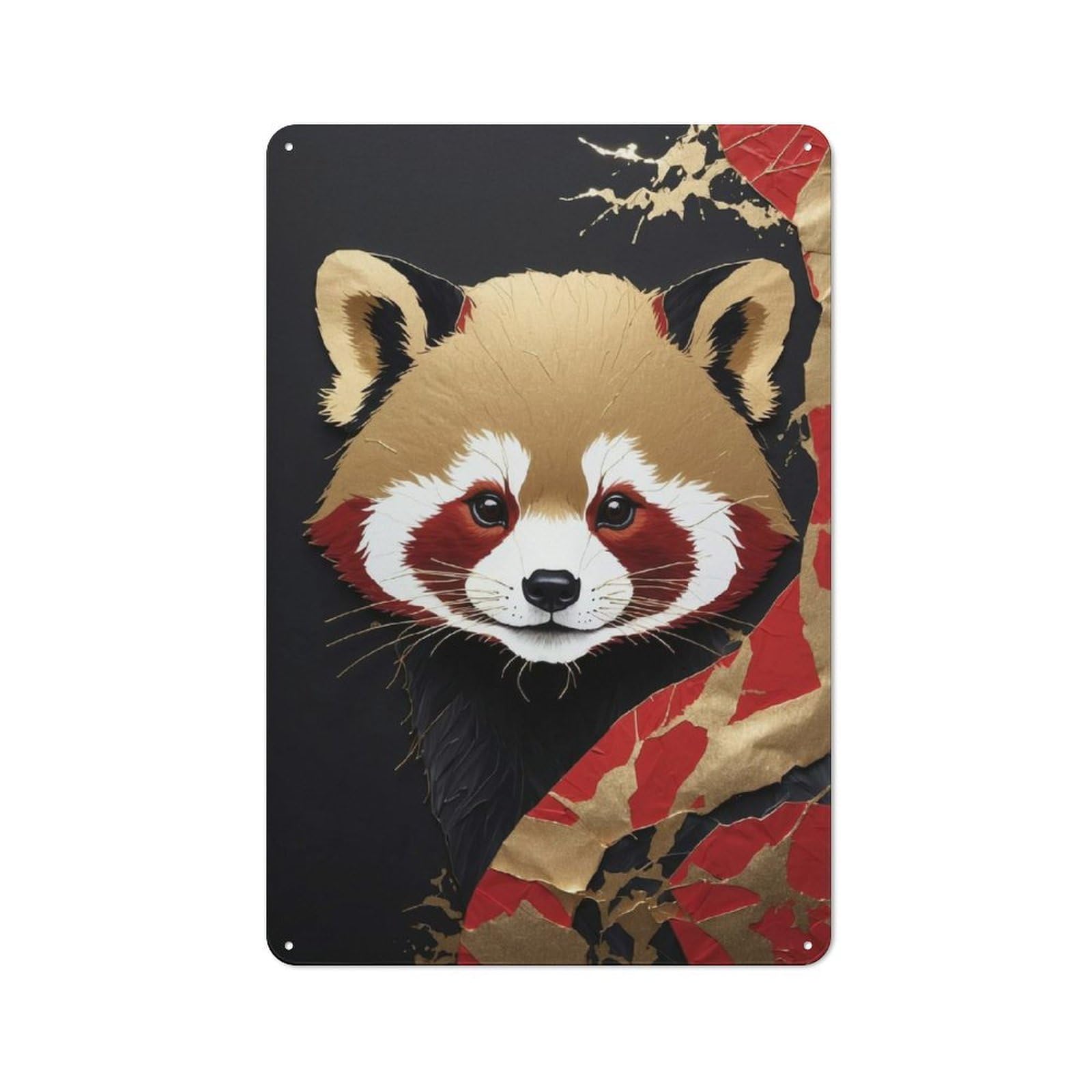 Red Panda Portrait with Gold Accents Decorative Tin Sign 30x20cm, Old Fashioned Vintage Wall Decor for Lounge, Study, Pub Or Wall Gallery