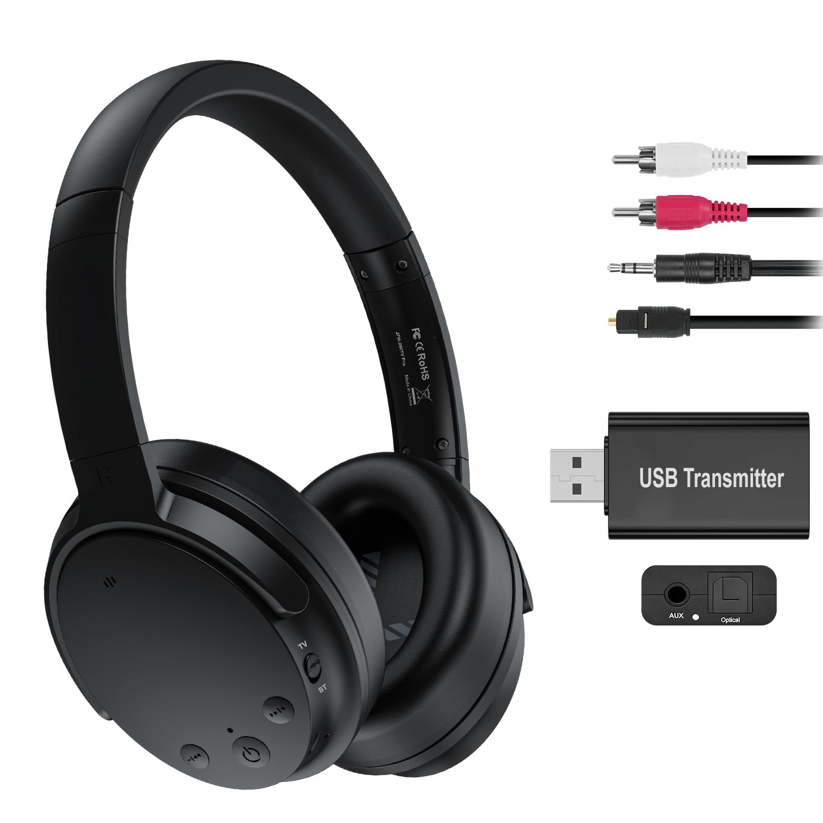 Cuffie TV Wireless Doppio Modulo 2.4G e Bluetooth con Trasmettitore, Compatibili USB/Ottico/RCA/AUX 3.5mm, Bassa Latenza, Ampio Raggio, Audio Nitido e Forte, Over-Ear Cuffie per TV Senza Fili