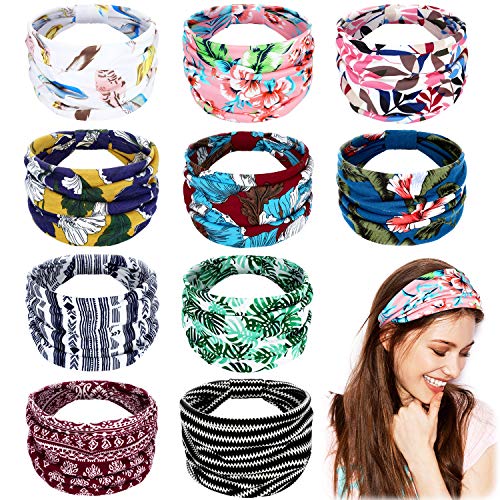 10 Pieces Boho Bandana Headbands for Women Girls Floral Knot Headband Stretchy Boho Head Wrap Wide Workout Hairbands Vintage Hair Band for Sports Yoga Running Daily Use