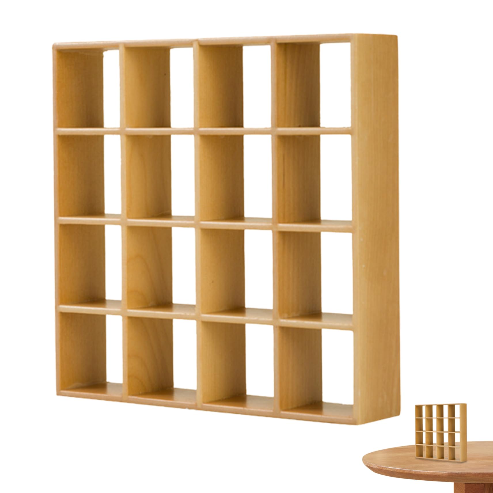 SMELEYOU Dollhouse Bookshelf Realistic Wooden Dolls House Furniture 1/12 Scale 16 Grid Mini Display Shelf Wall Rack Stand Dollhouse Furniture for Dollhouse Accessories Decorations Wooden Color