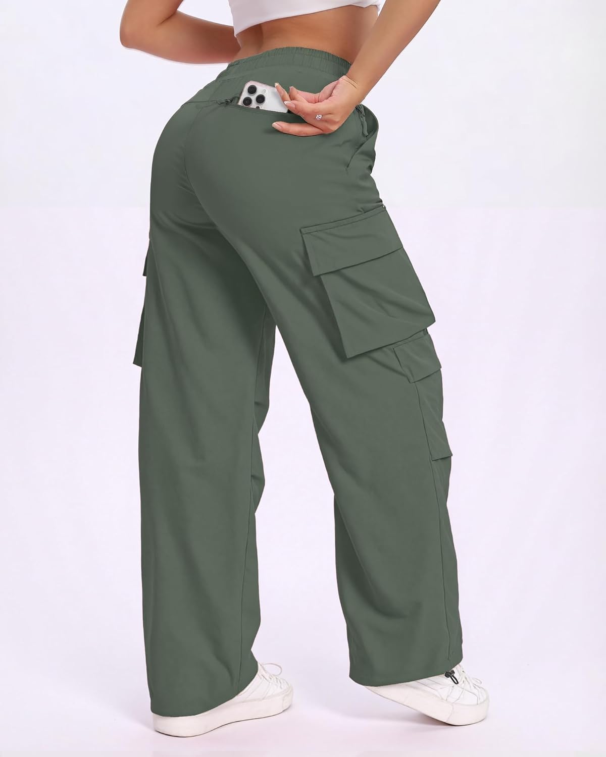 Womens Cargo Hiking Pants with Zipper Pockets Quick Dry Water Resistant Parachute High Waist Baggy Travel Pants Lightweight