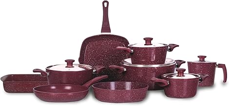 طقم أواني جرانيت من توب شيف مكون من 14 قطعة (حلة 18/20/24/28 سم، طاسة قلي 26 سم، صينية فرن 30 سم، طاسة شواء 28 سم - صينية مستطيل 30 سم - لبانة 16 سم) لون بورجندي