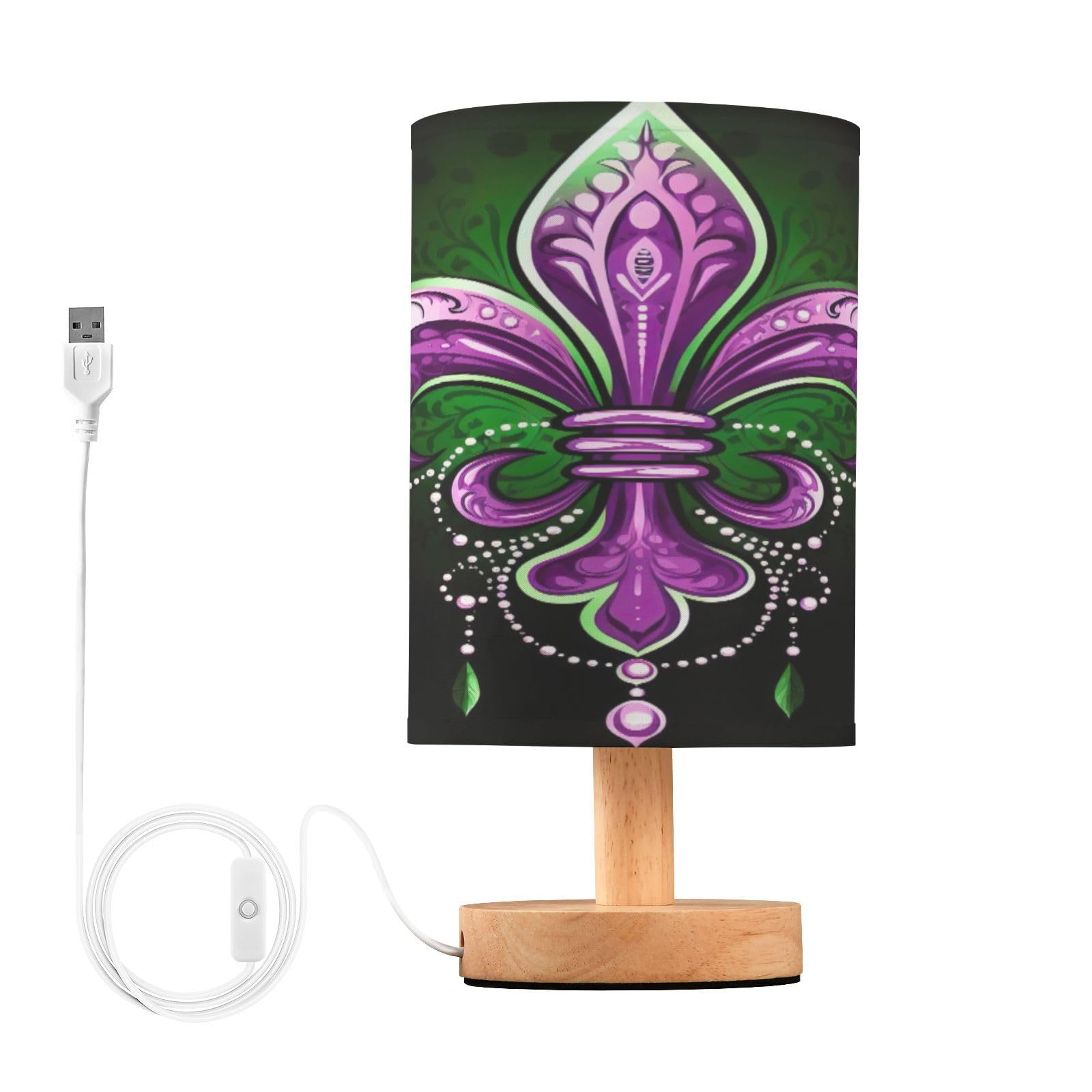 SDMKA Mardi Gras Purple Bedside Table Lamp for Bedroom, Minimalist Nightstand Lamp with Round Fabric Shade for Living Room, Office, No Bulb Required